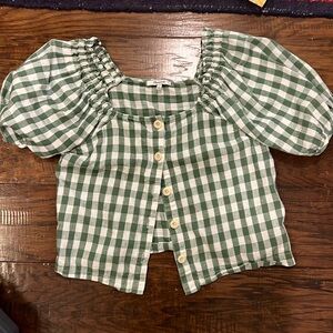Madewell gingham green and white button front top